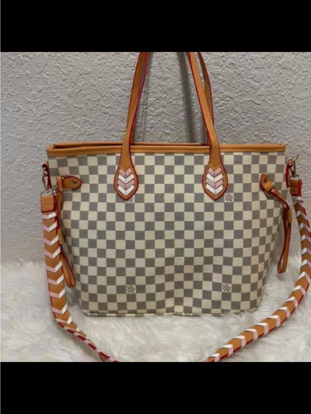 -Inspired Checkered Tote Bag in Cream and Tan